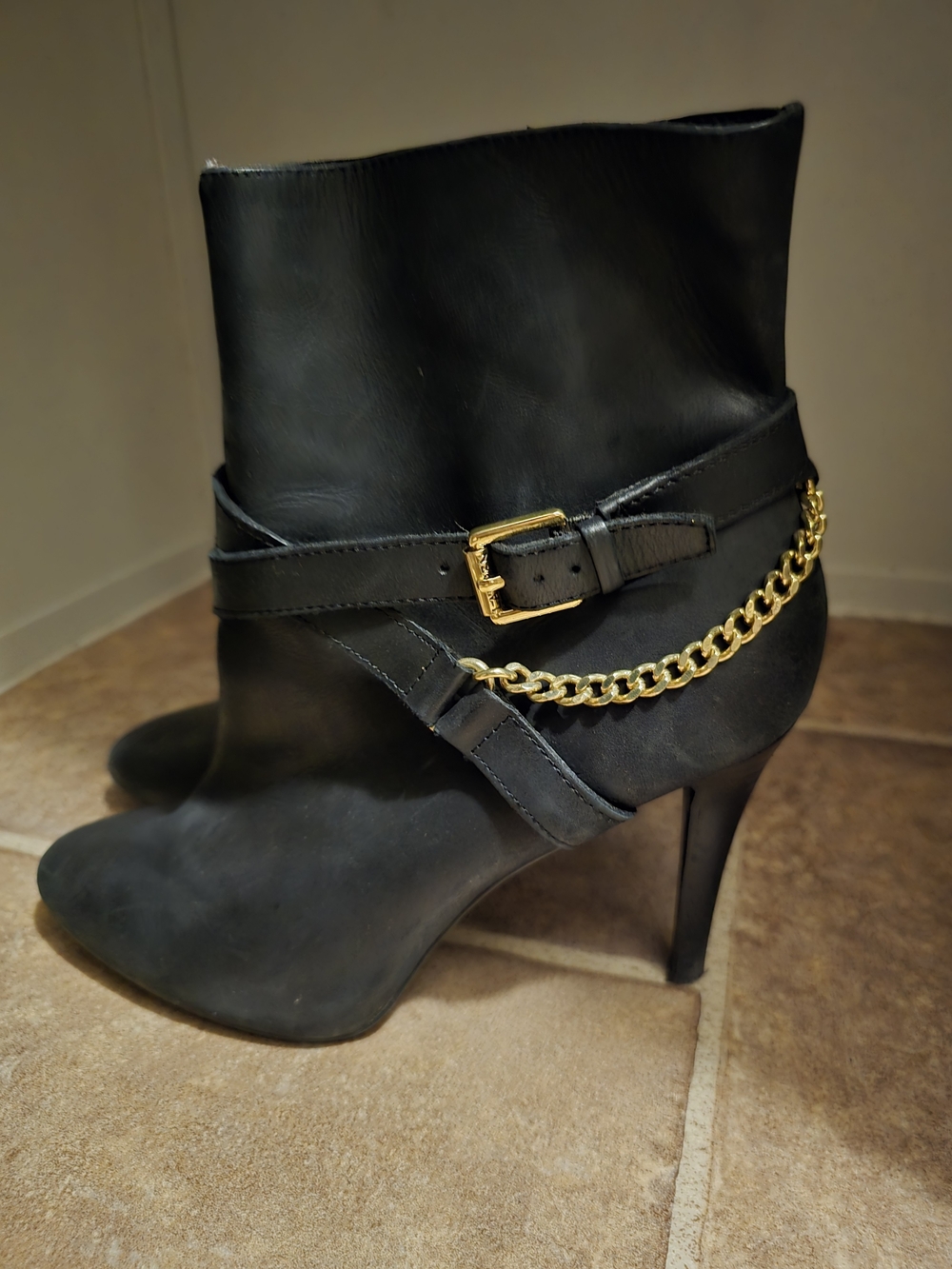 Lauren Ralph Lauren Black Ankle Boots with Gold Chain & Buckle